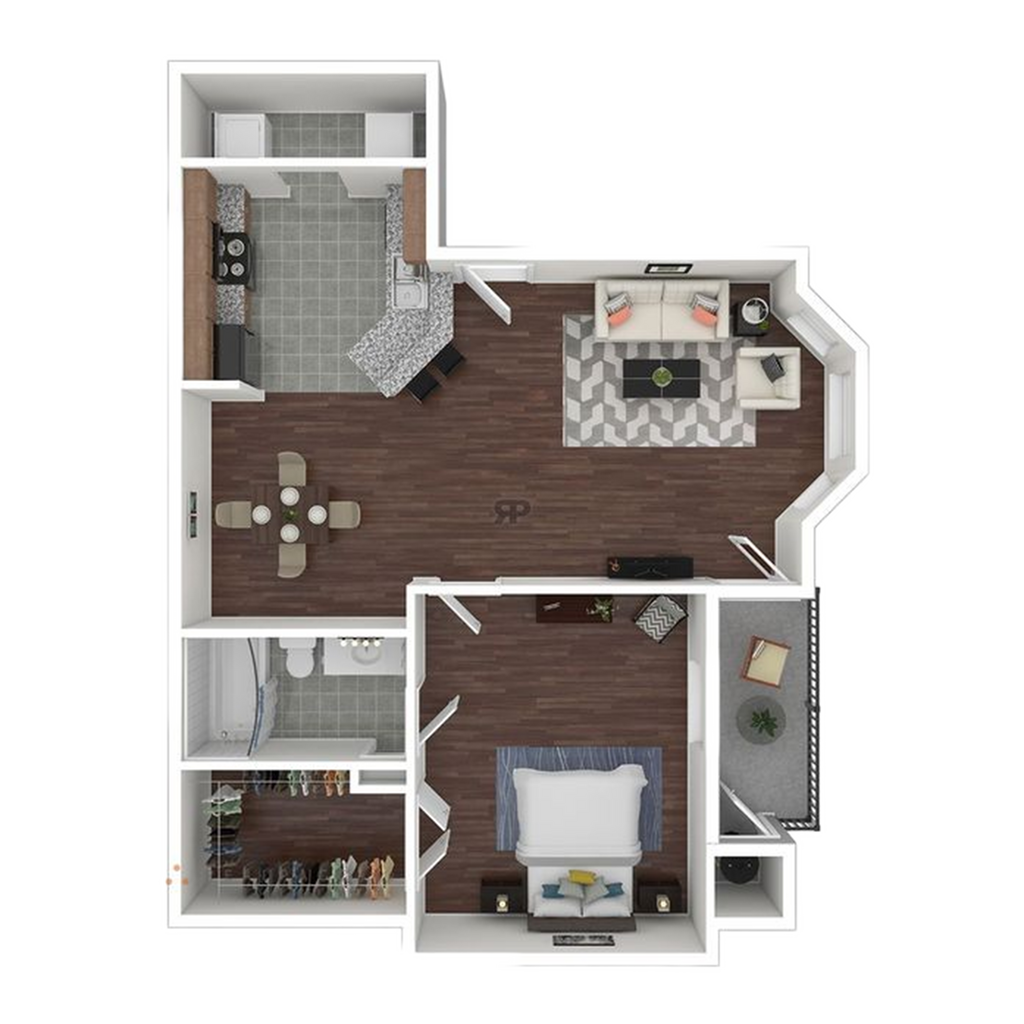 Contemporary floor plan showcasing a spacious bedroom, stylish living area, modern kitchen, and elegant dining space with hardwood flooring.