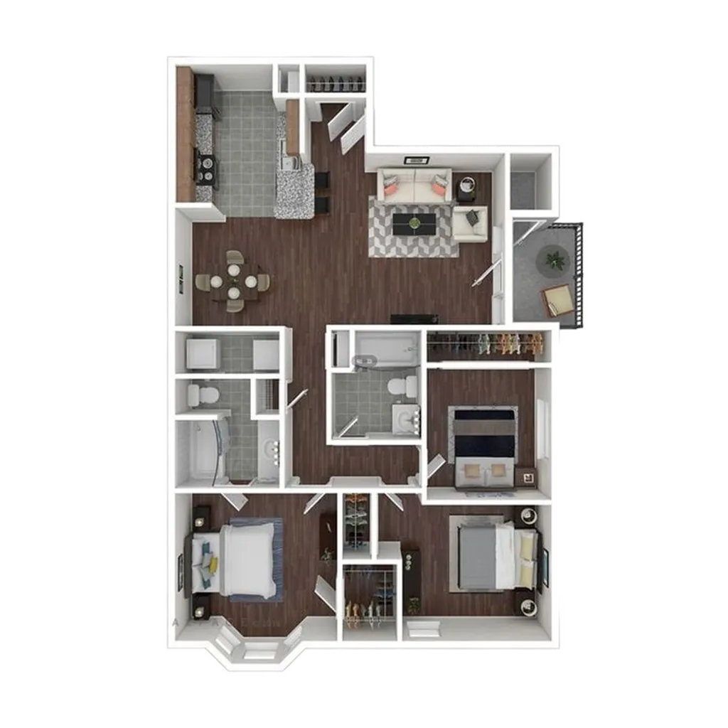 Elegant 3D floor plan showcasing 3 bedrooms, an open-concept kitchen, dining area, and a cozy living room with balcony access.