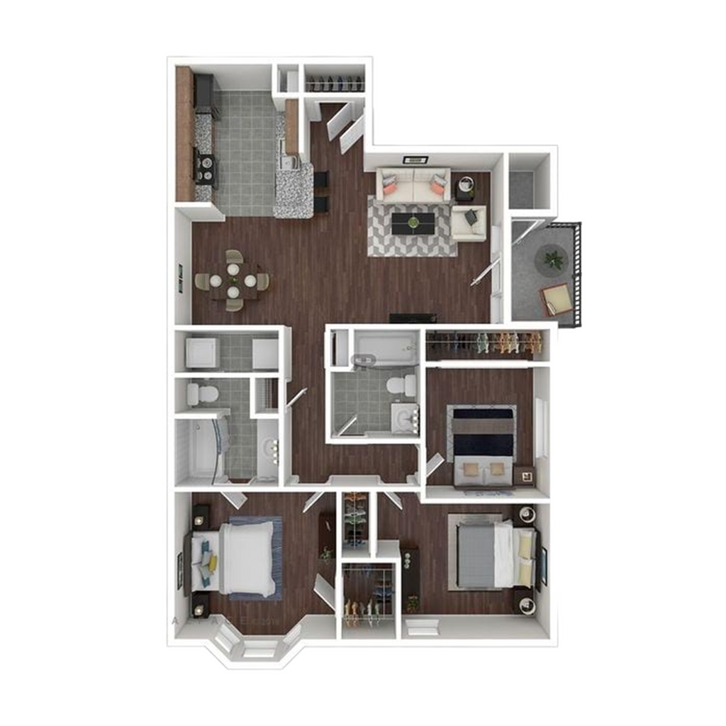 Modern 3D floor plan showcasing 3 bedrooms, a stylish open-concept living and dining area, and a sleek kitchen with contemporary finishes.