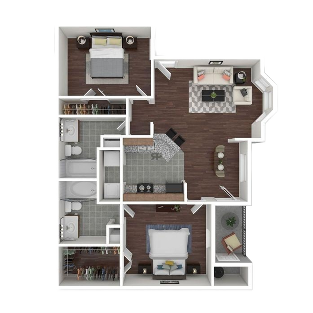 Elegant 3D floor plan with two cozy bedrooms, two modern bathrooms, a spacious living room, and a sleek kitchen area.
