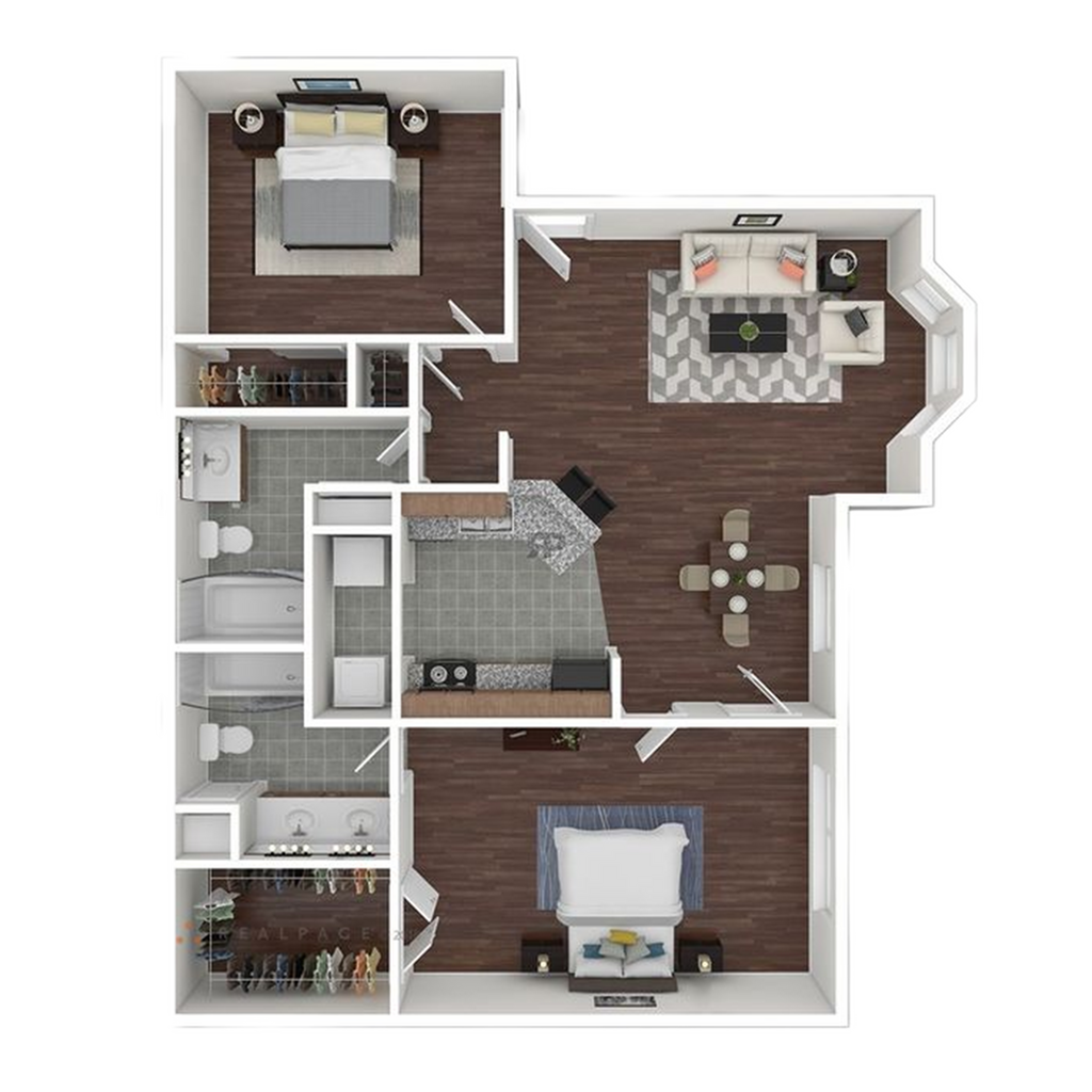 Modern 2D floor plan with two bedrooms, an open living room, stylish kitchen, and two bathrooms, ideal for comfortable urban living.