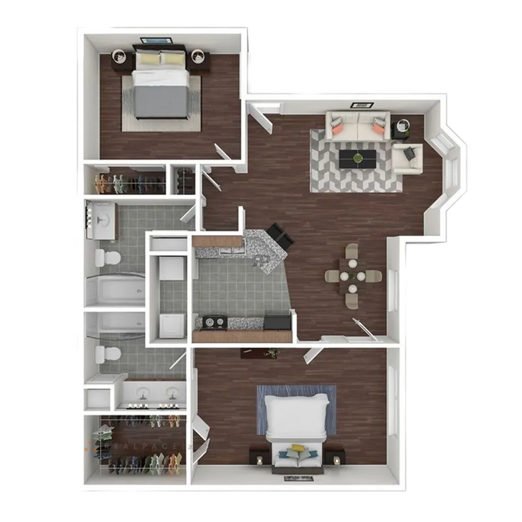 Modern 2D floor plan showcasing 2 bedrooms, elegant living area, and a contemporary kitchen with dining space.