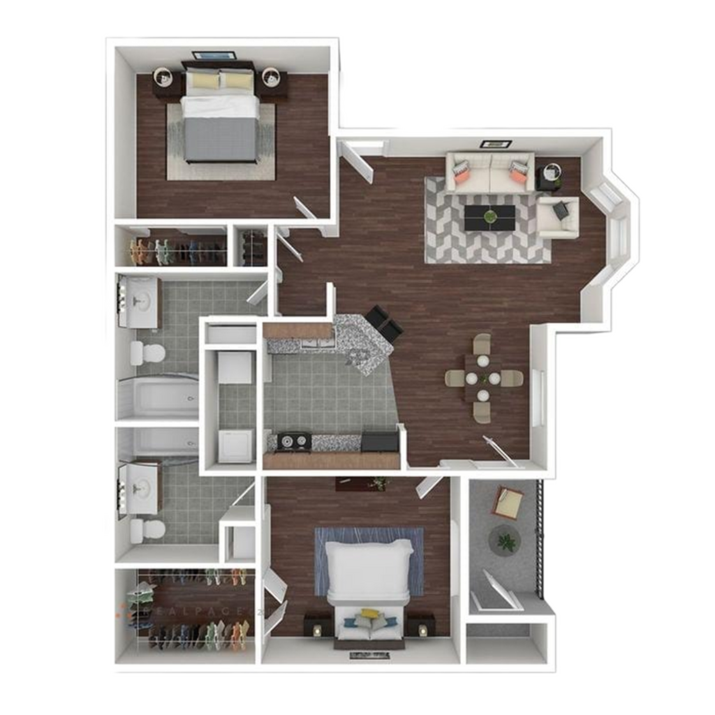Elegant floor plan with 2 bedrooms, open living and dining areas, modern kitchen, and 2 bathrooms.