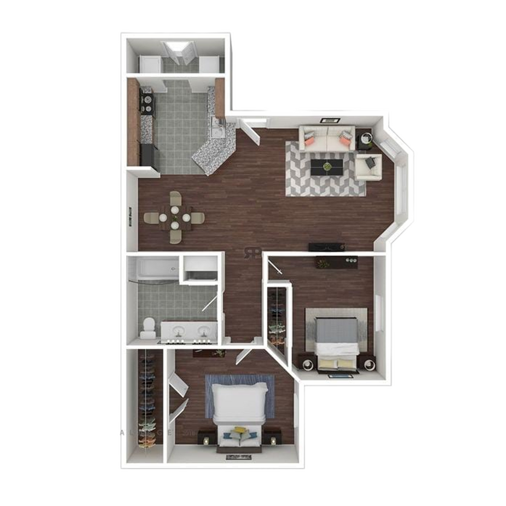 Modern 2D apartment floor plan with two bedrooms, an open-concept living room, dining area, and kitchen. Includes a spacious bathroom and contemporary furnishings.