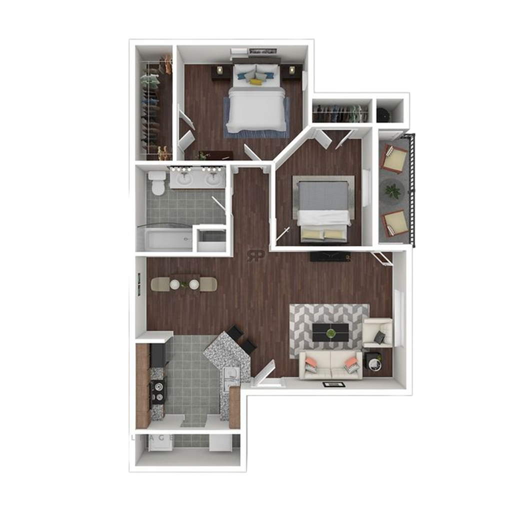 Modern 2D floor plan featuring 2 bedrooms, an elegant open living and dining area, spacious kitchen with breakfast bar, and contemporary bathroom layout.