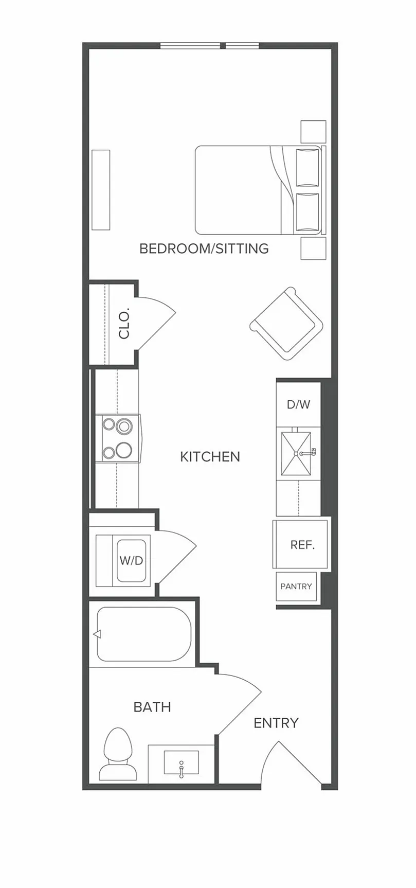 Modern studio apartment floor plan showcasing a combined bedroom and sitting area, efficient kitchen, and stylish bath layout.