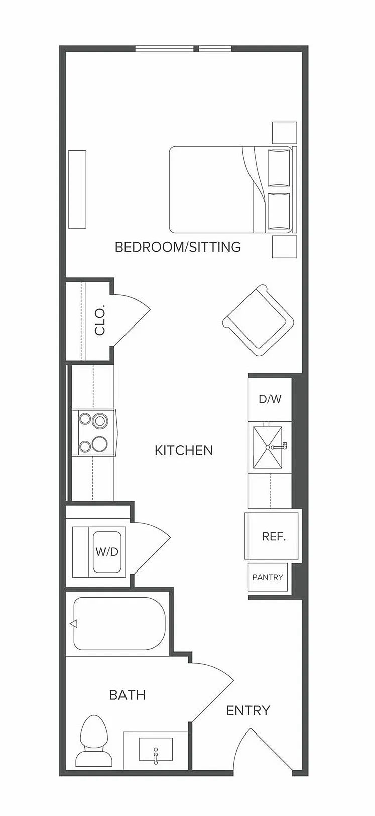 Elegant studio floor plan featuring an open-concept bedroom and sitting area, modern kitchen with pantry, cozy bath, and convenient entry layout.