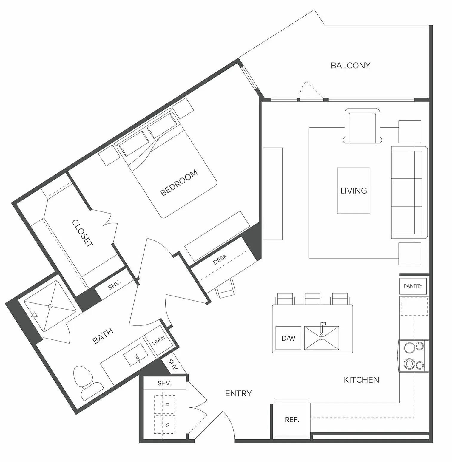 Modern one-bedroom floor plan featuring an open-concept living area, stylish kitchen with island, and a private balcony.