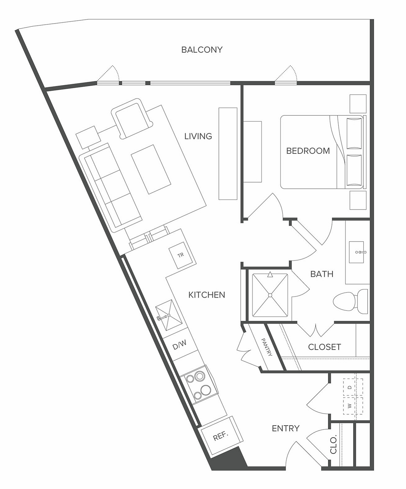 Contemporary floor plan showcasing a cozy bedroom, spacious living area, modern kitchen, and private balcony for perfect urban living.