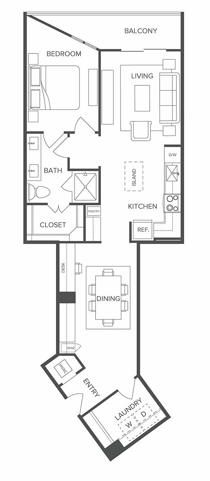 Elegant floor plan showcasing a modern one-bedroom apartment with a sleek kitchen, open living area, spacious dining room, and a charming balcony.