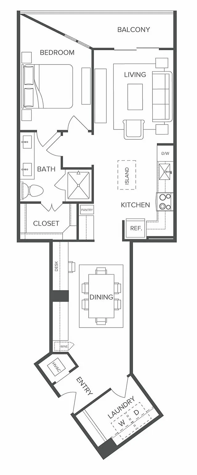 Contemporary 1-bedroom apartment floor plan featuring an open living space, modern kitchen, dining area, and private balcony.