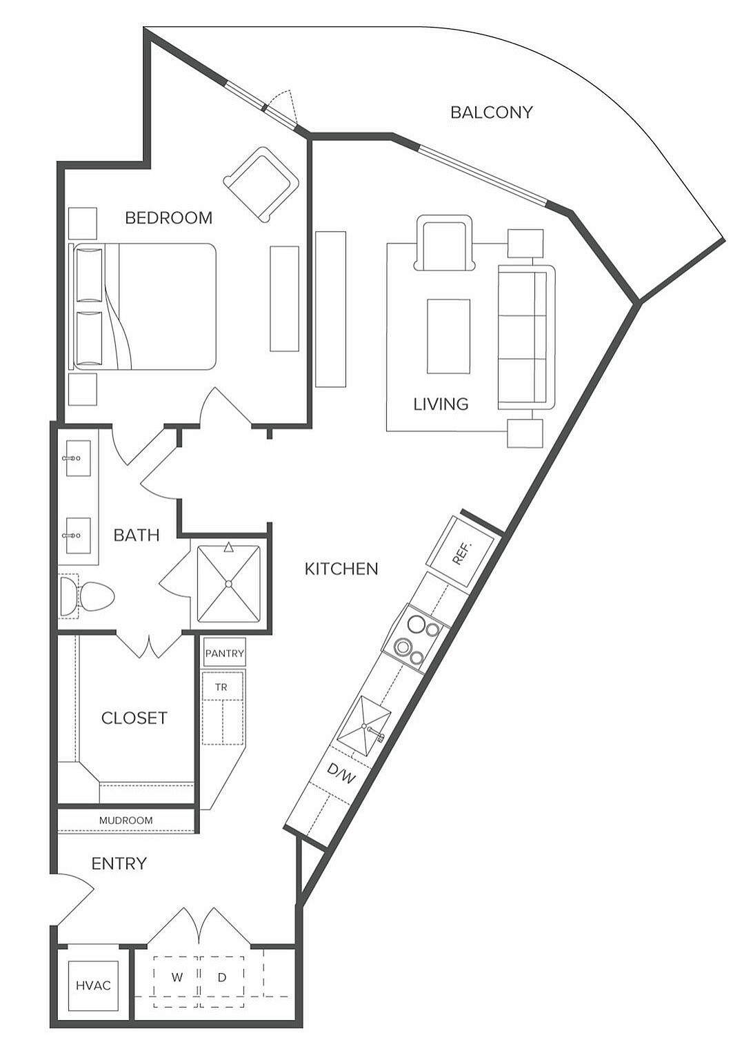 Modern floor plan featuring a spacious bedroom, open-concept kitchen, and inviting living area leading to a private balcony.