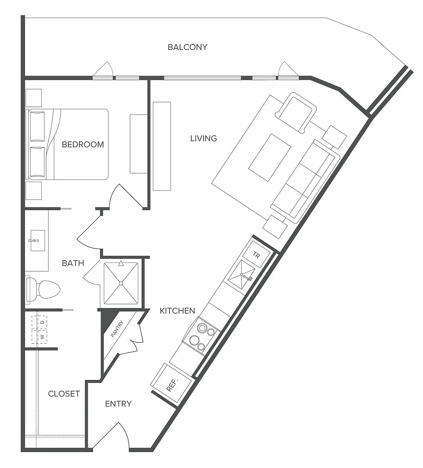 Modern floor plan featuring 1 bedroom, sleek kitchen, inviting living area, and private balcony access.