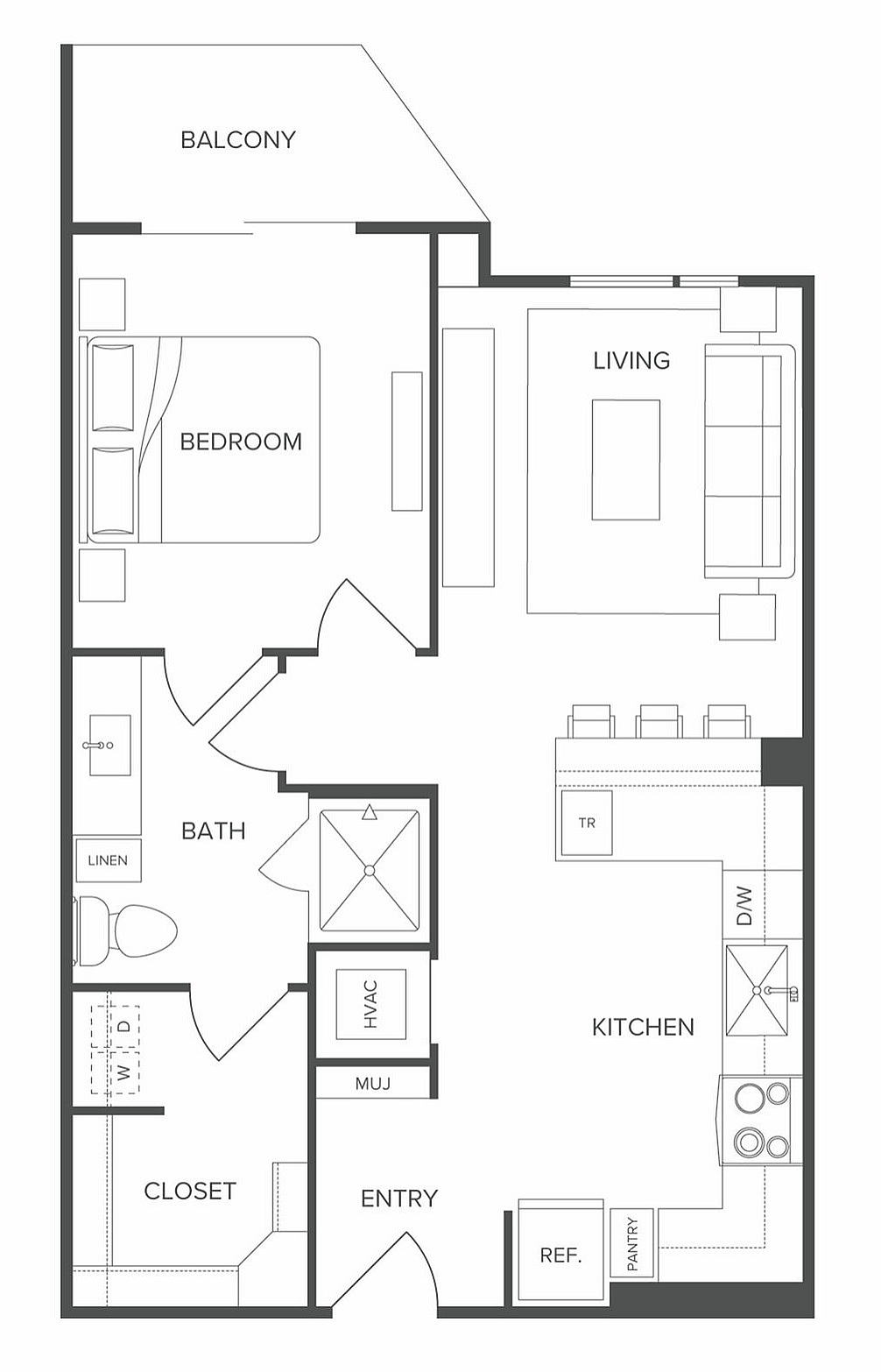 Modern floor plan highlighting 1 bedroom, open living and kitchen areas, and private balcony access.