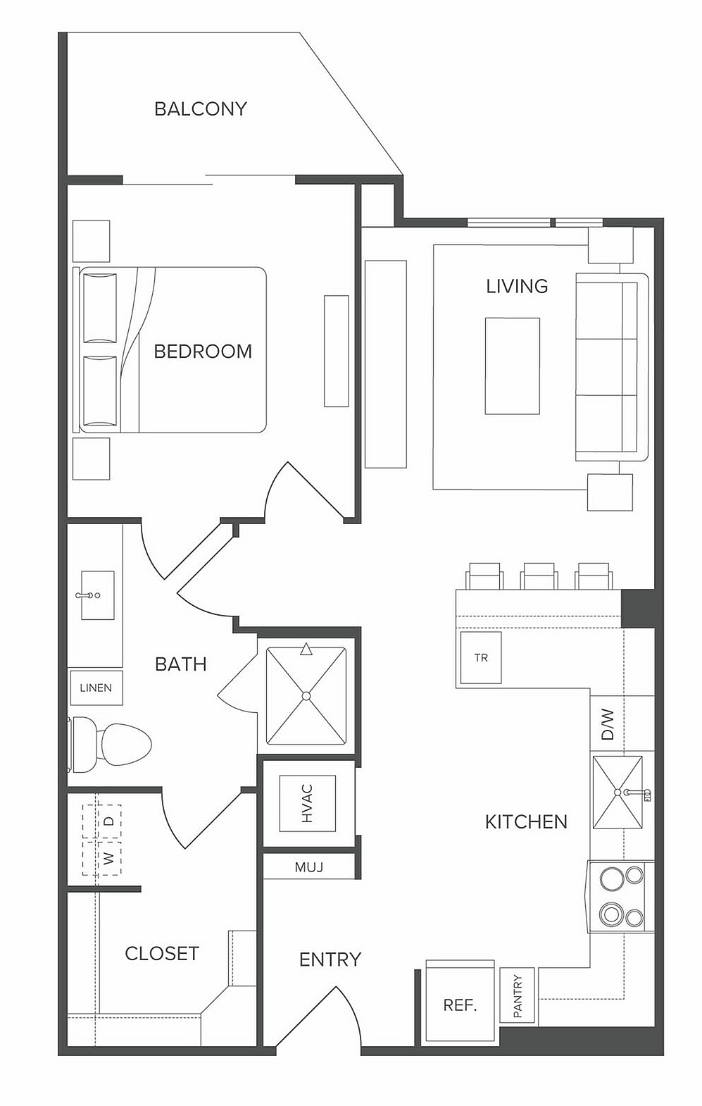 Modern 1-bedroom floor plan featuring a comfortable living area, sleek kitchen, and private balcony for serene views.