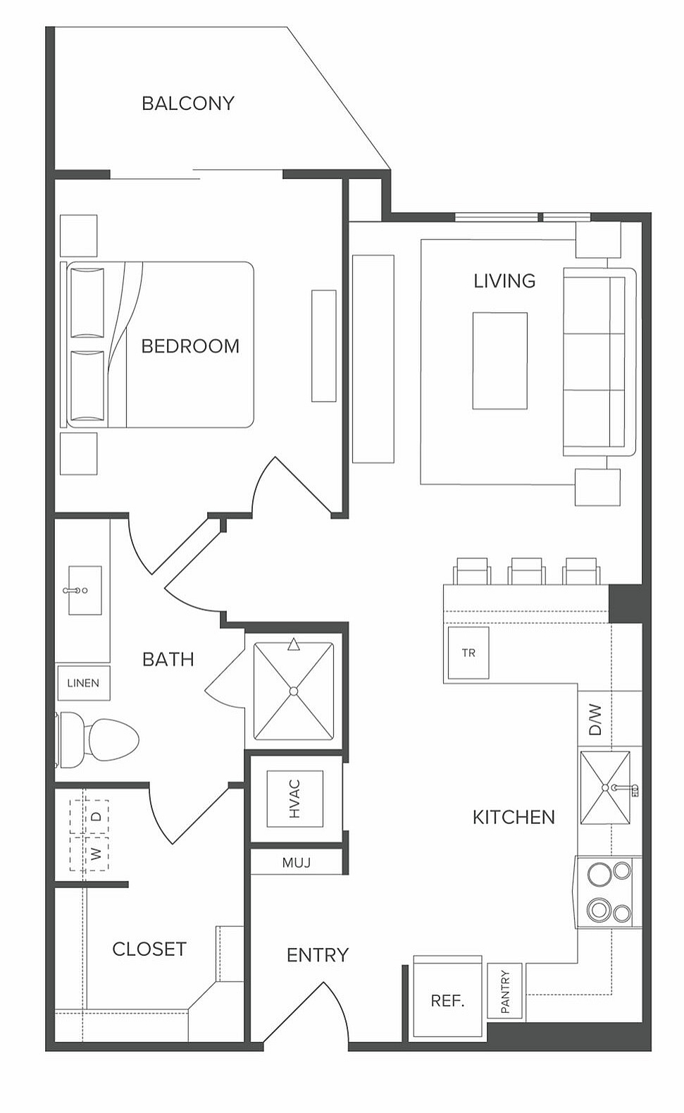 Modern floor plan showcasing a one-bedroom apartment with an inviting balcony, open living area, and a stylish kitchen.