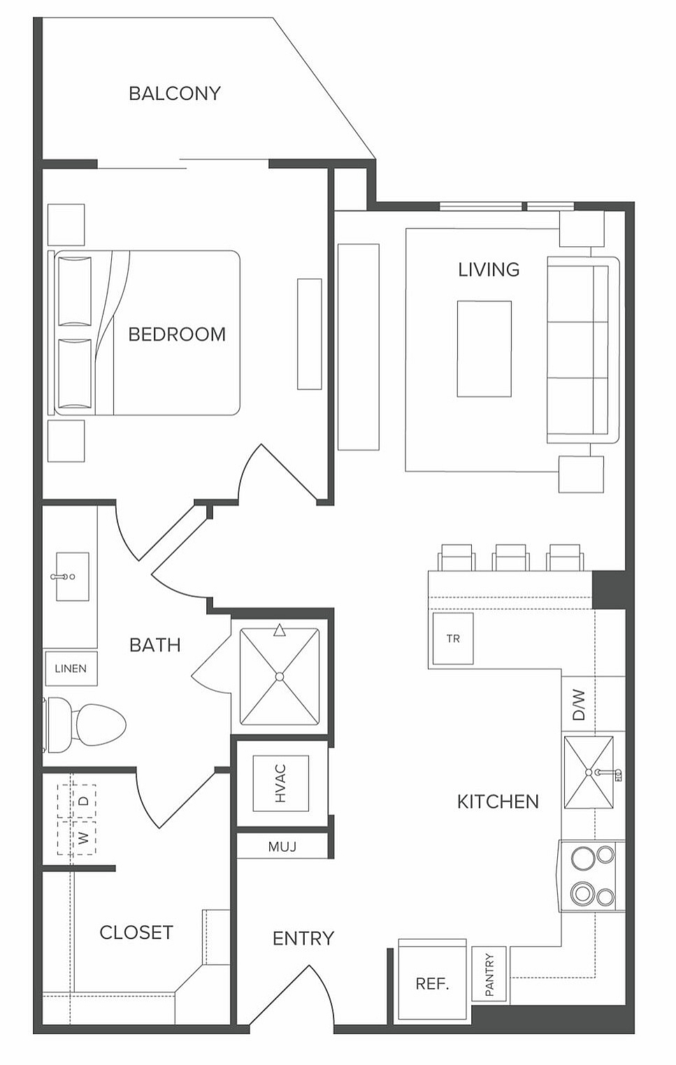 Chic floor plan showcasing a 1-bedroom layout with a stylish living area, modern kitchen, private balcony, and well-appointed bathroom.