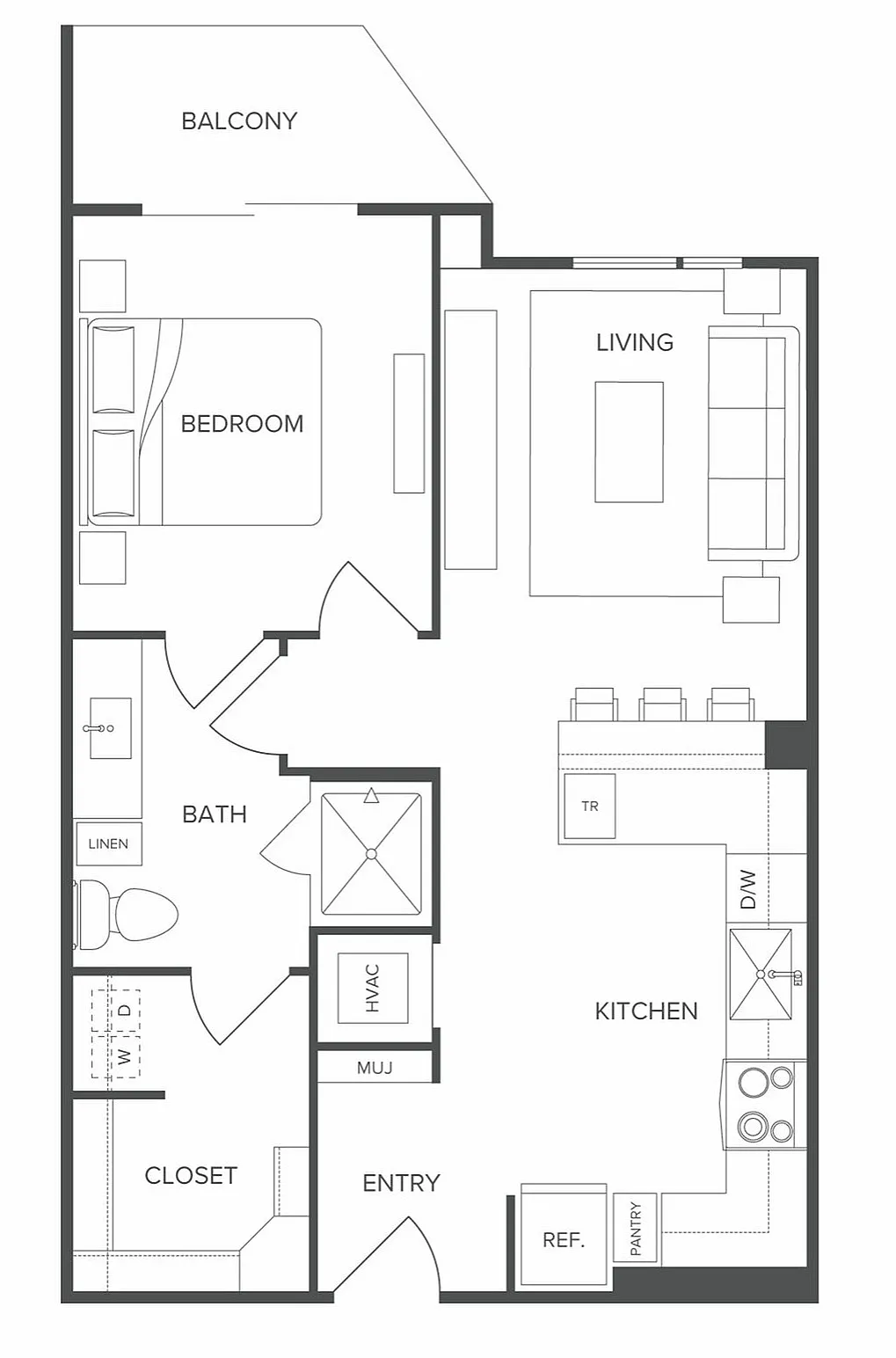 Inviting 1-bedroom floor plan with spacious living room, modern kitchen, balcony access, and a cozy bathroom.