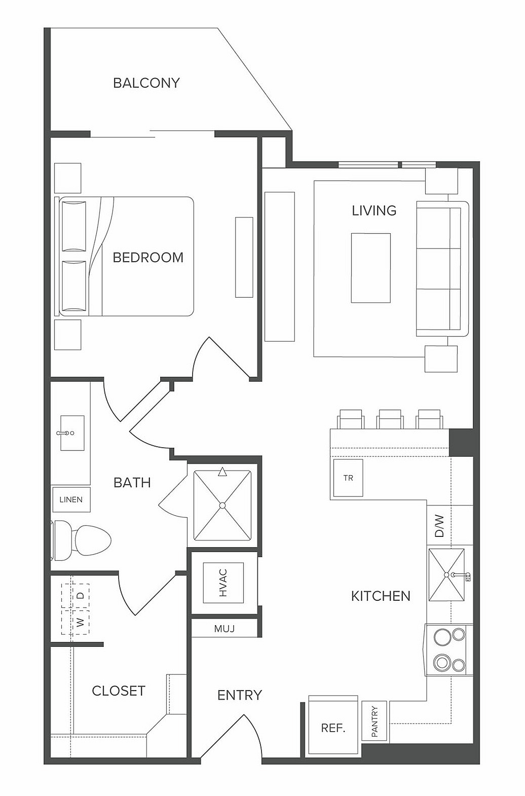 Modern floor plan featuring a cozy bedroom, spacious living area, elegant kitchen, and private balcony.