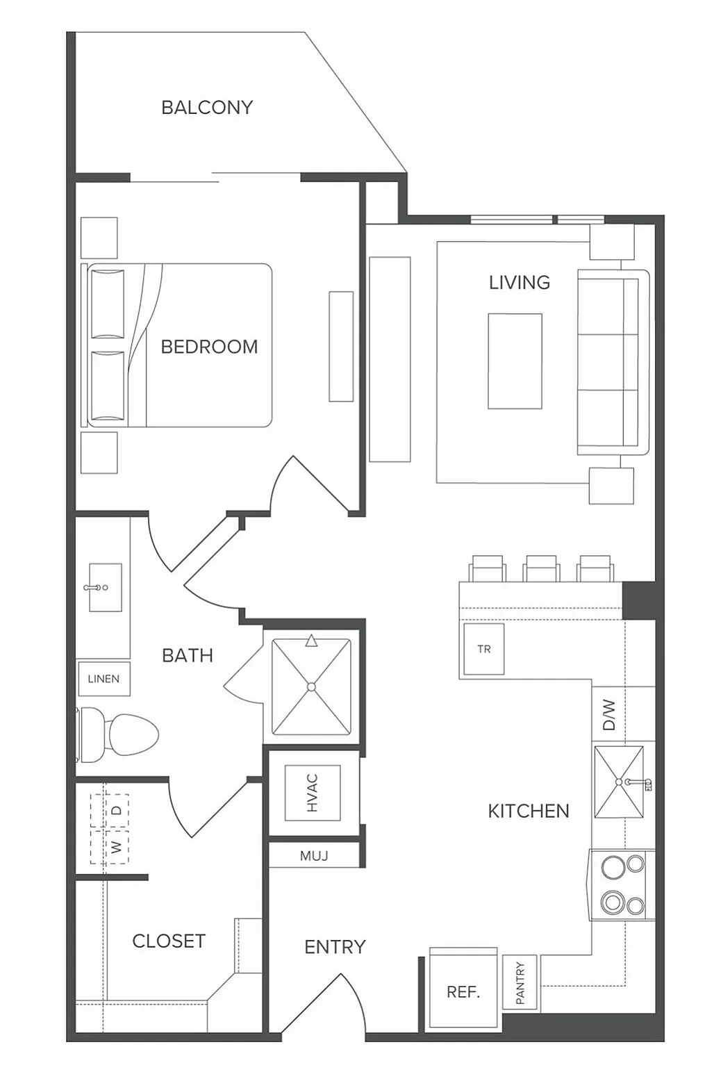 Modern 1-bedroom apartment floor plan with an open kitchen, spacious living area, and private balcony.