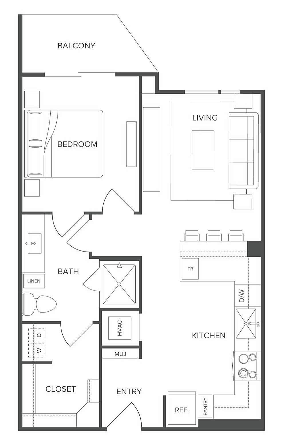 Modern floor plan featuring a cozy bedroom, sleek kitchen, and open living area with a balcony.