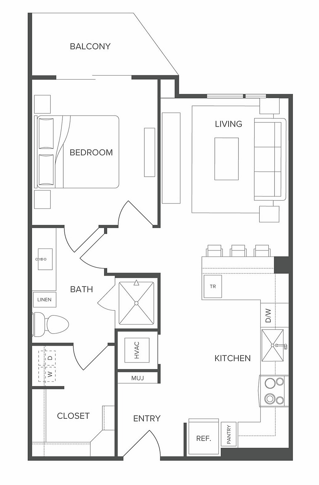 Modern floor plan featuring 1 bedroom, an inviting living area, open-concept kitchen, and a charming balcony.