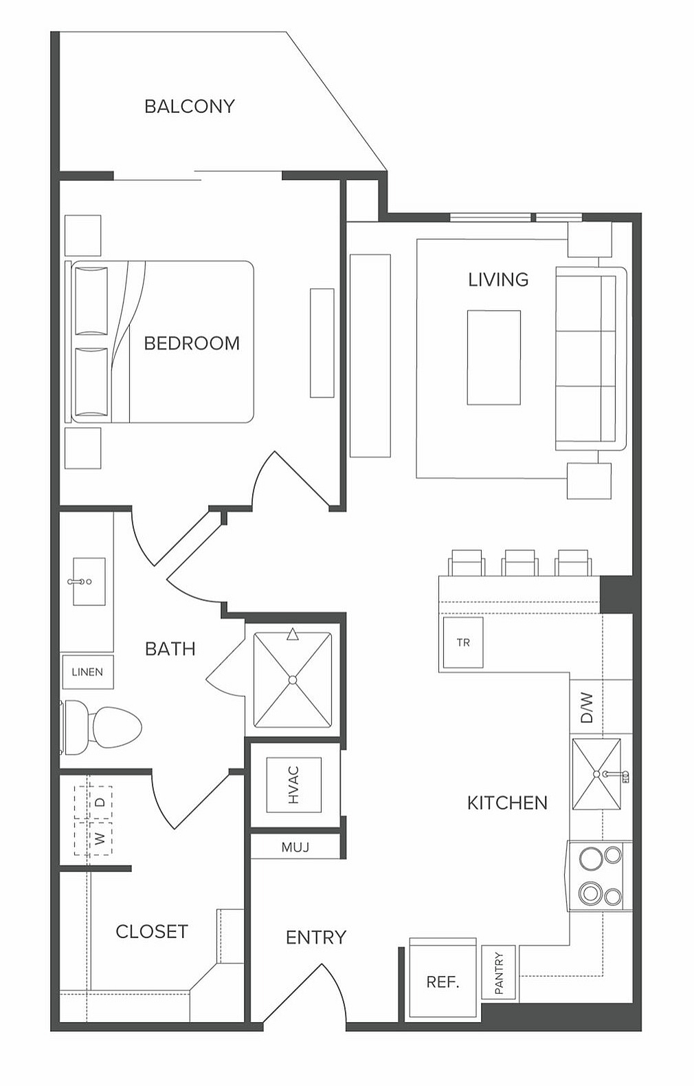 Modern floor plan layout featuring an elegant 1-bedroom apartment with a spacious living area, stylish kitchen, and private balcony.