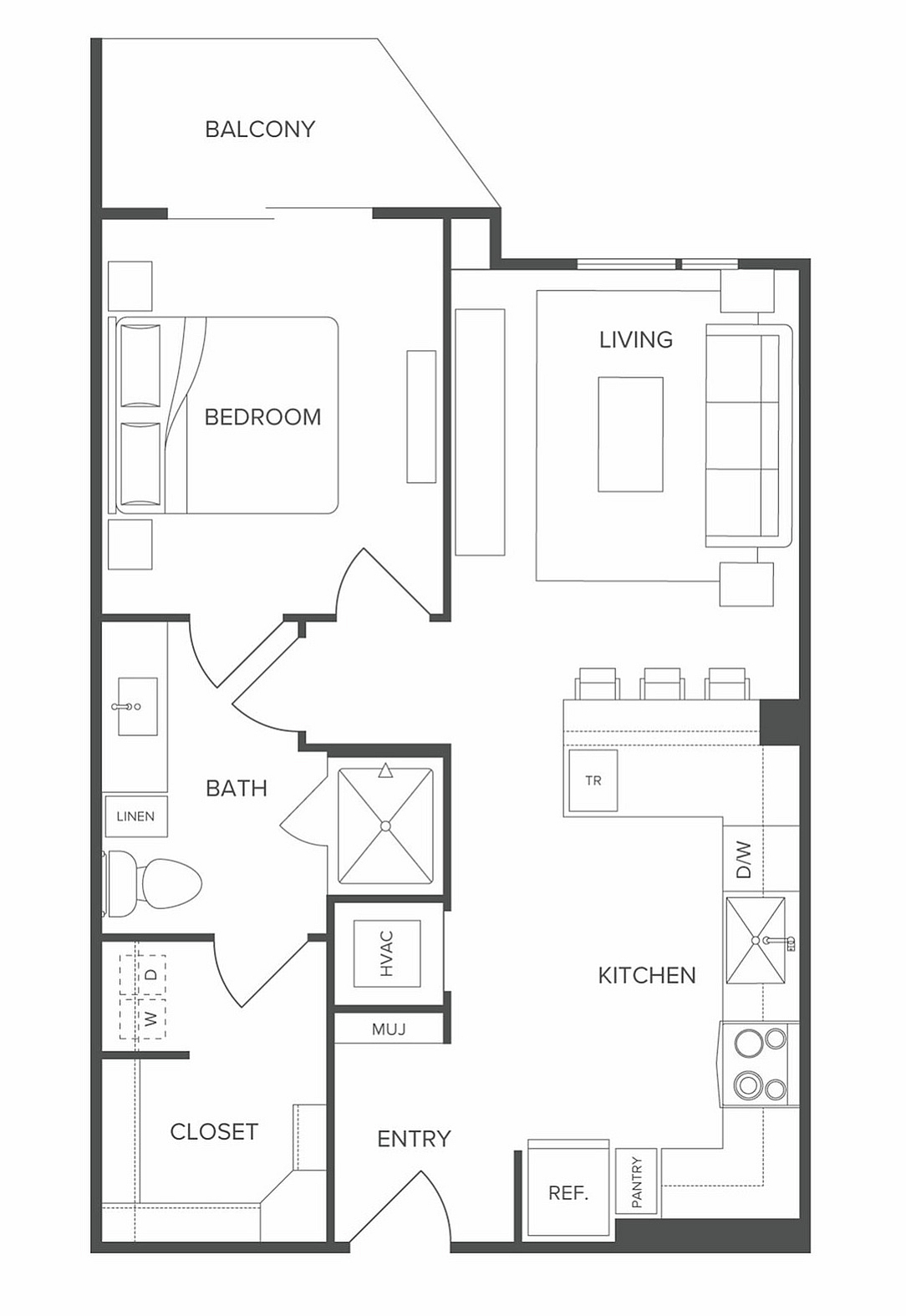 Modern one-bedroom apartment floor plan featuring a spacious balcony, cozy living room, contemporary kitchen, and a well-appointed bathroom.