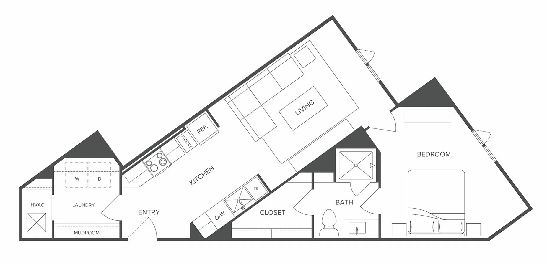 Modern floor plan featuring an angled 1-bedroom layout, spacious living area, sleek kitchen, and convenient laundry space.