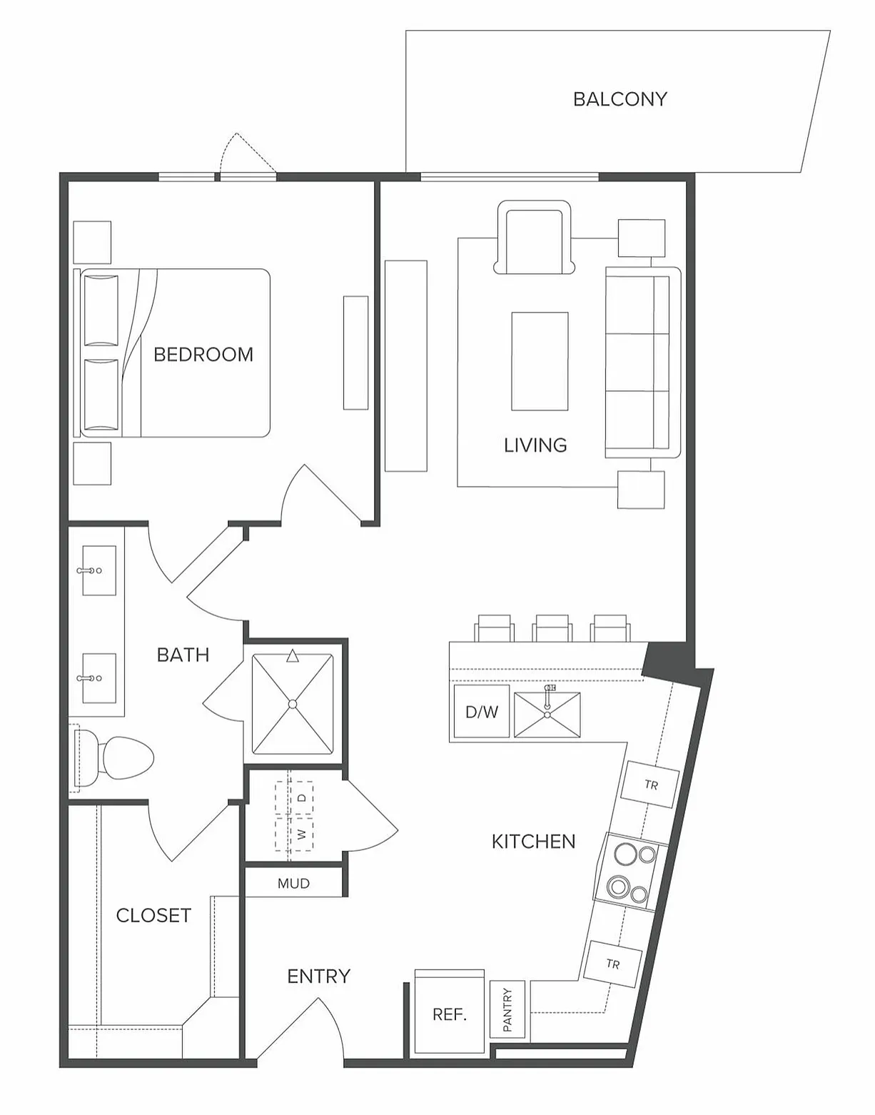 Modern floor plan showcasing a cozy one-bedroom apartment with a stylish kitchen, living area, and private balcony.