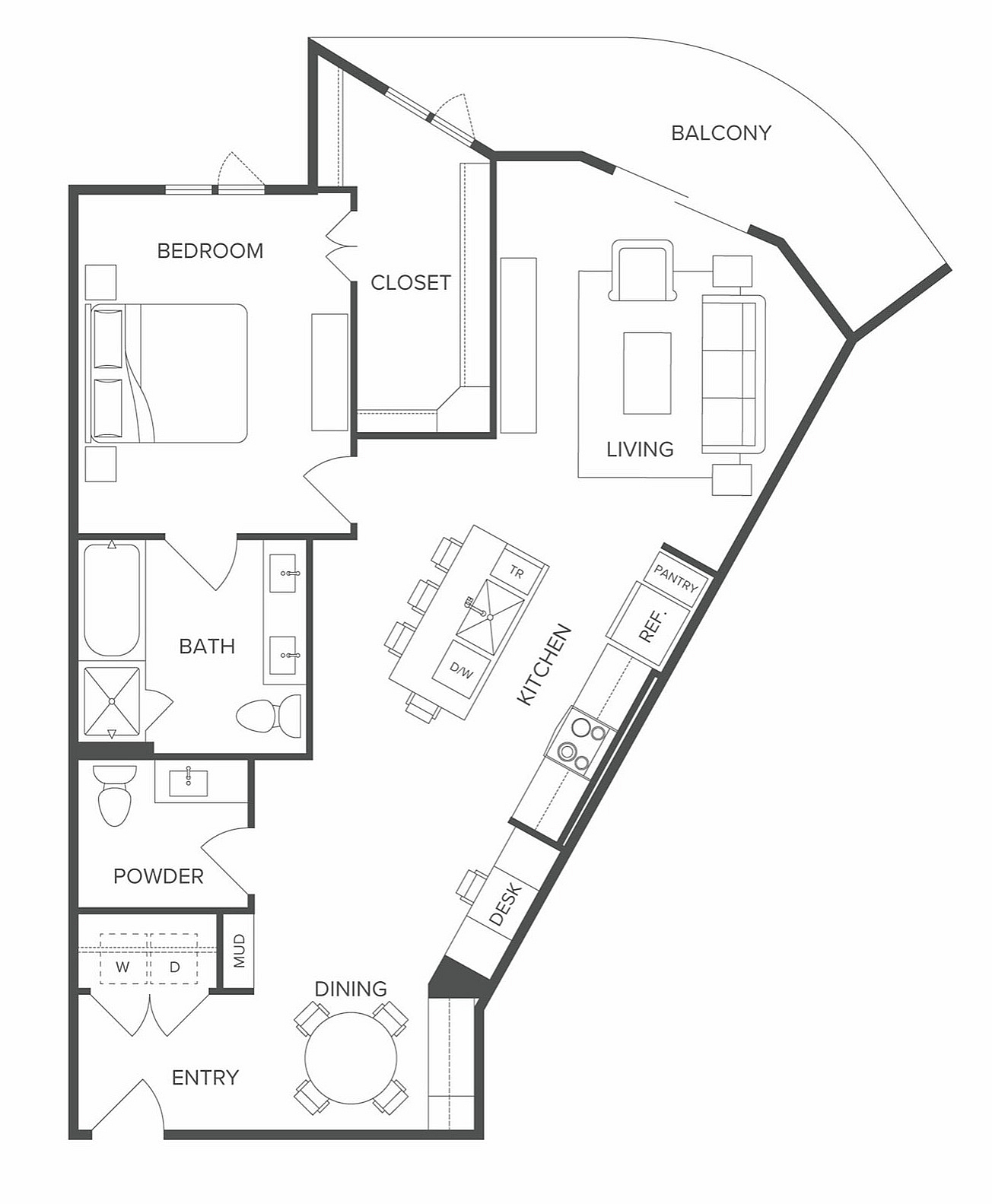 Modern floor plan with one bedroom, open living area, spacious balcony, and stylish kitchen.
