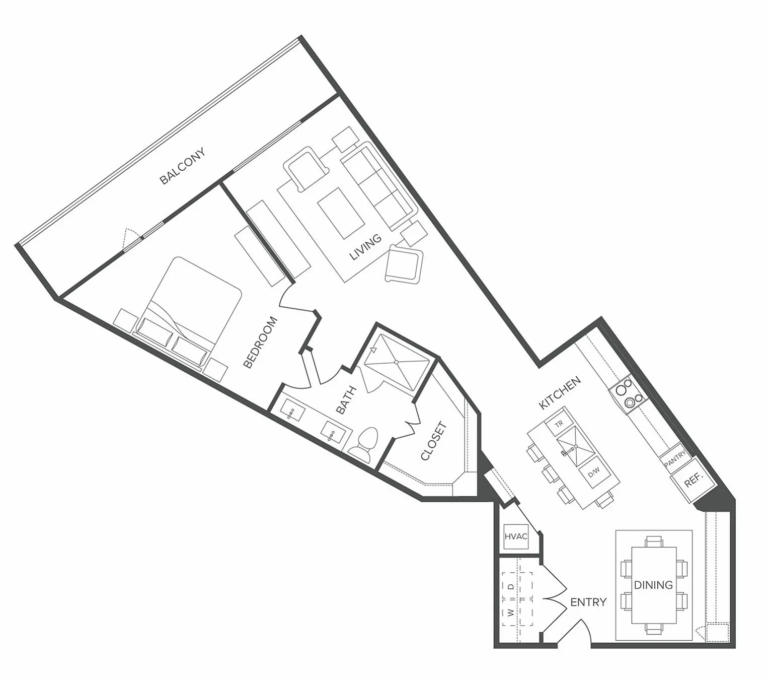 Contemporary floor plan showcasing 1 bedroom, expansive living room, modern kitchen, and a private balcony.