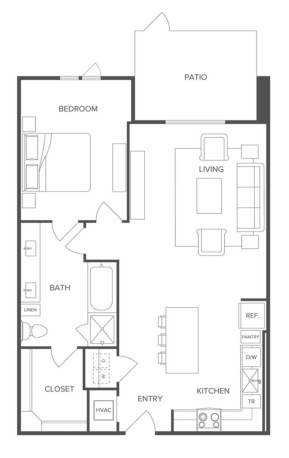 Modern floor plan showcasing an elegant 1-bedroom apartment with a spacious living area, open kitchen, and private patio.