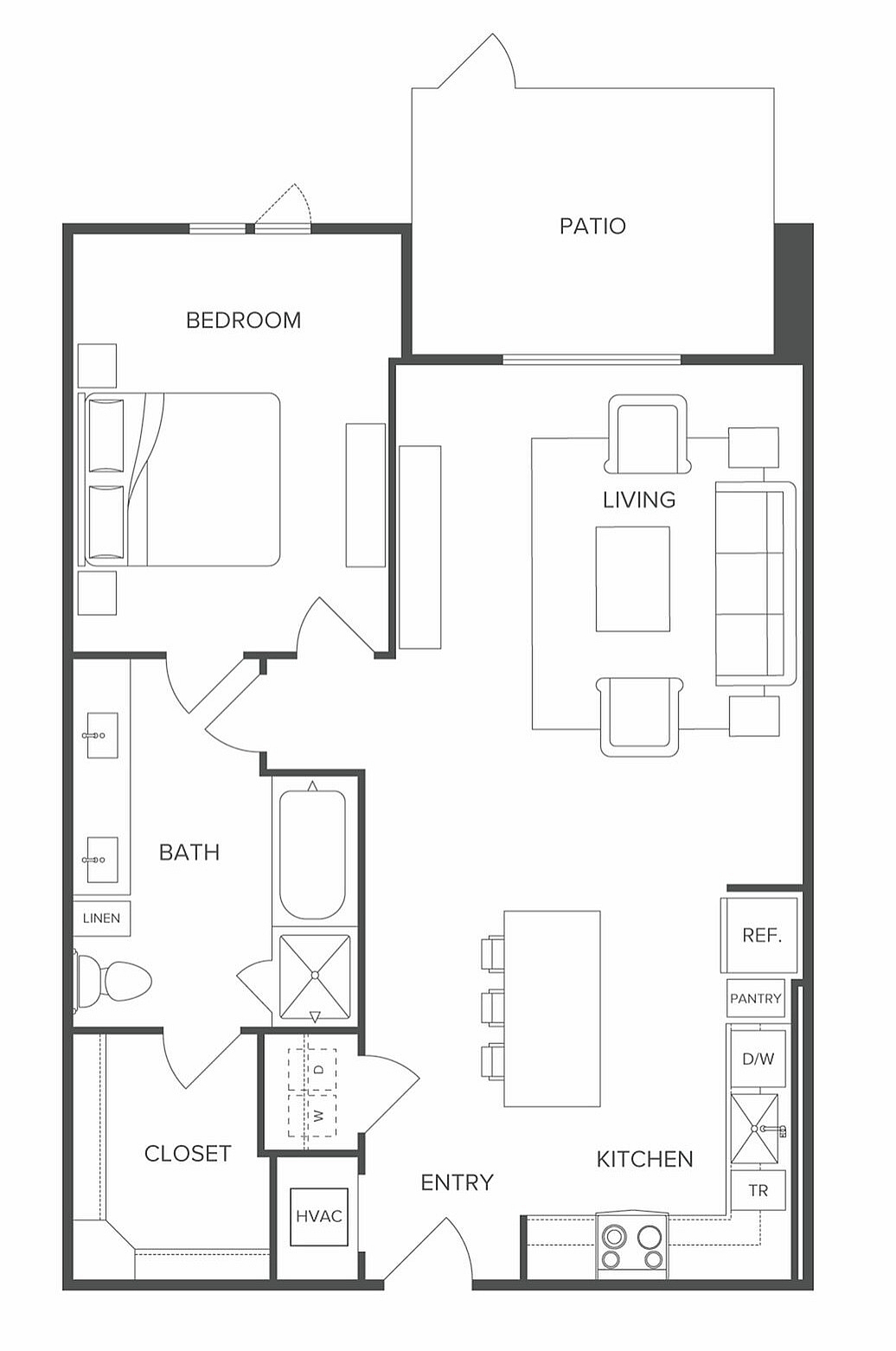 Modern 2D floor plan showcasing a spacious 1-bedroom layout with an inviting living area, well-equipped kitchen, cozy patio, and ample storage space.
