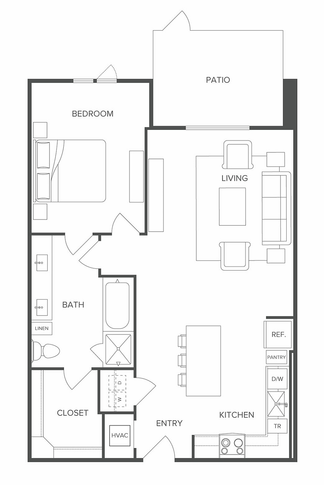 Modern floor plan showcasing a spacious 1-bedroom apartment with an inviting living area, contemporary kitchen, and private patio.