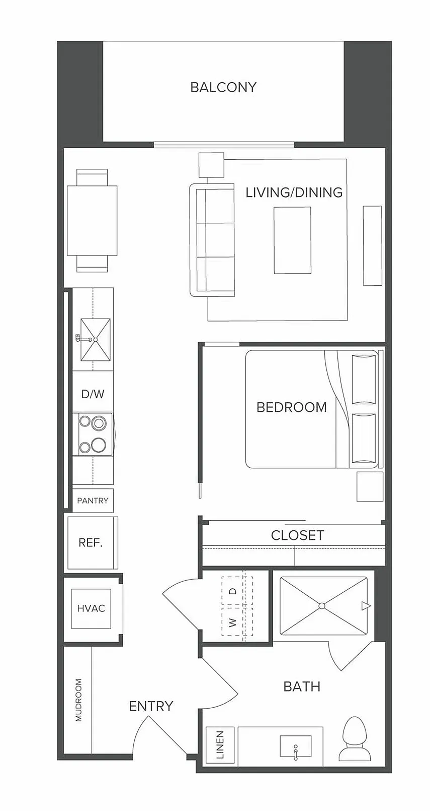 Modern floor plan featuring an open living and dining area, spacious bedroom, bathroom, and private balcony.