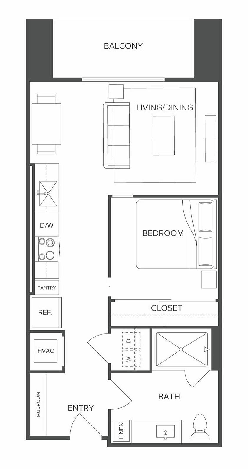 Modern floor plan with a cozy bedroom, open-concept living and dining area, sleek kitchen with pantry, spacious bathroom, and private balcony.