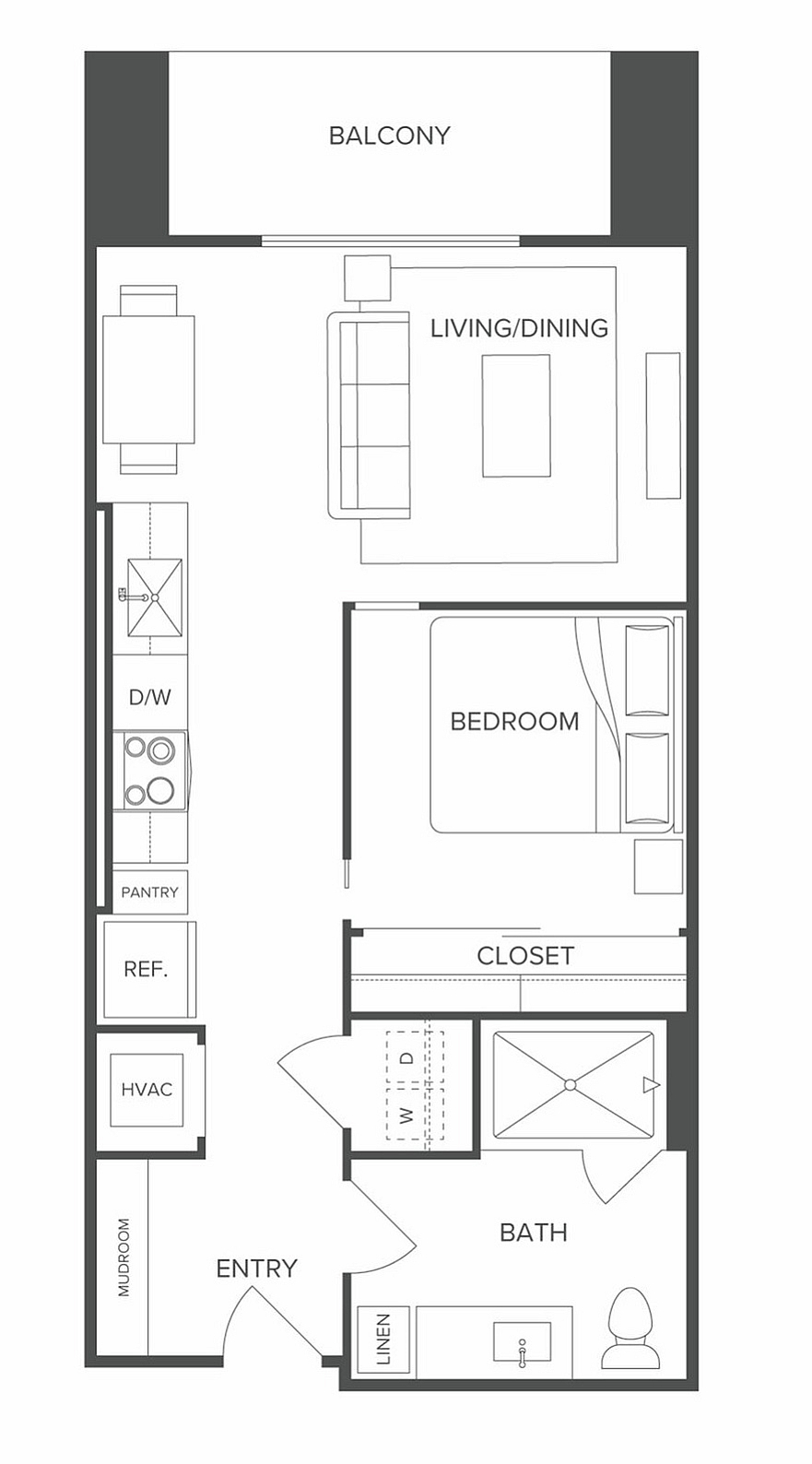 Modern floor plan showcasing 1 bedroom, an open living/dining area, sleek kitchen, bathroom, and private balcony.