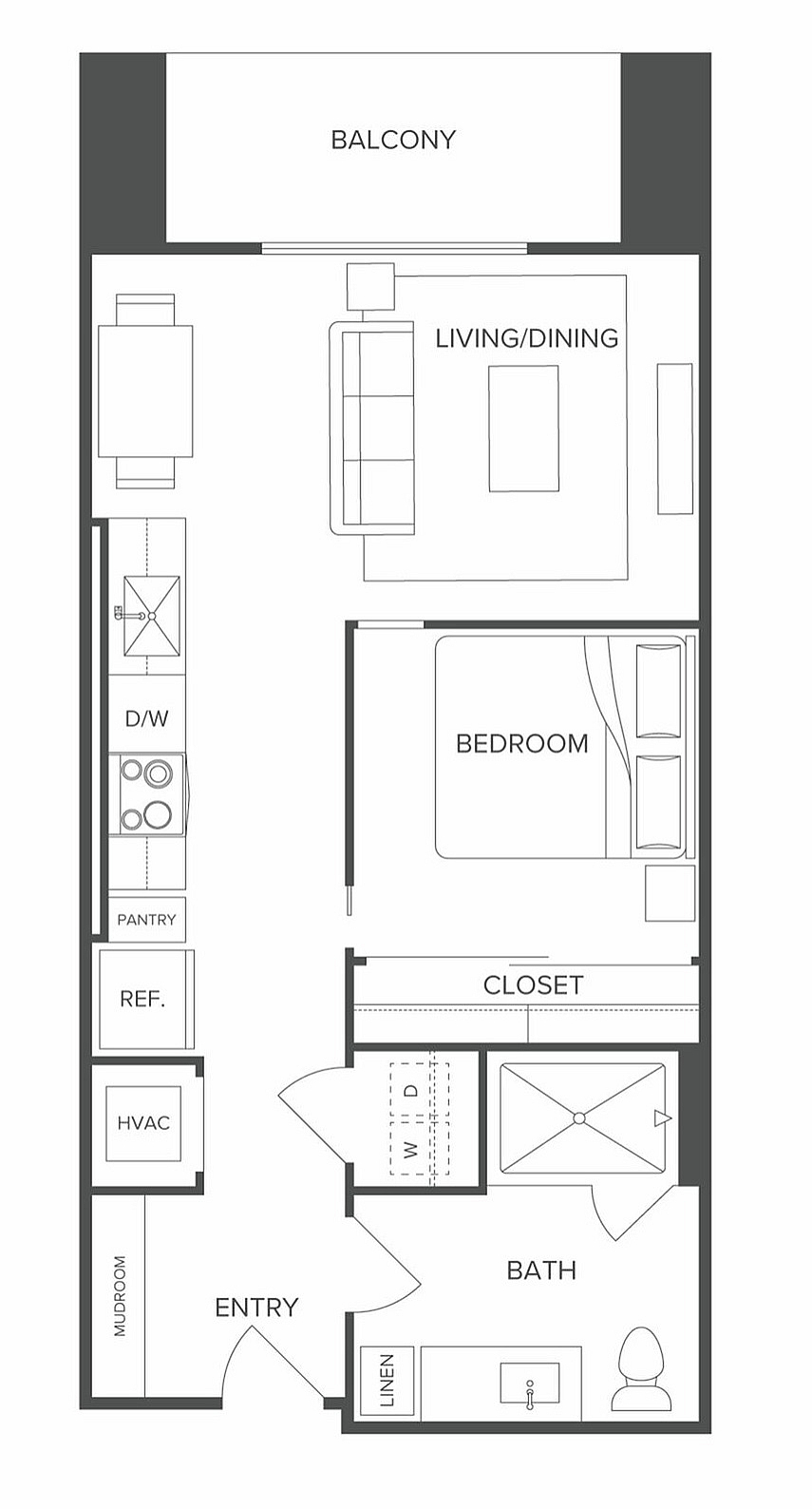 Modern floor plan featuring 1 bedroom, an open-concept living and dining area, compact kitchen, and private balcony.