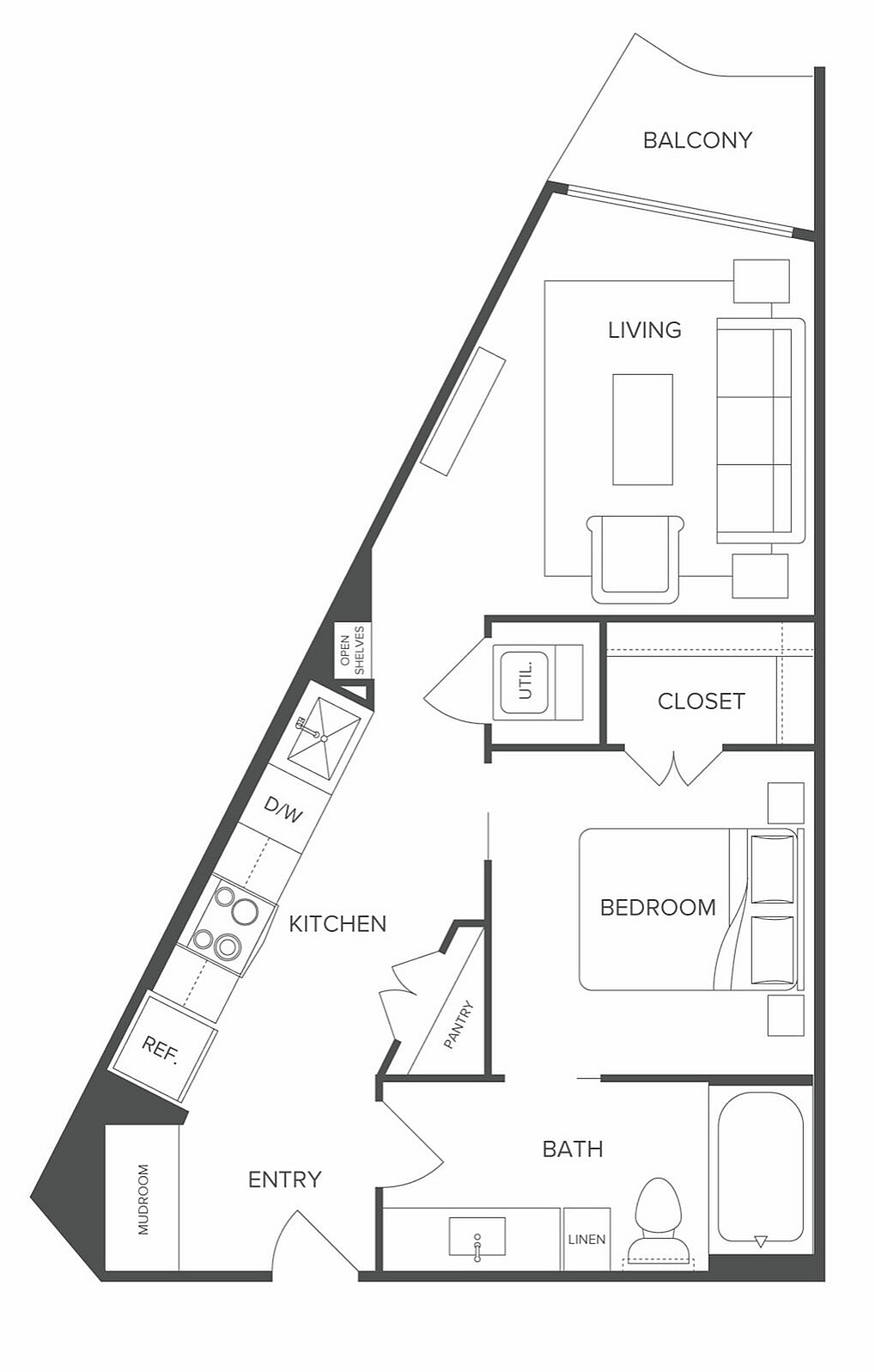 Modern floor plan showcasing a sleek one-bedroom apartment with open-concept living area, cozy kitchen, and private balcony.