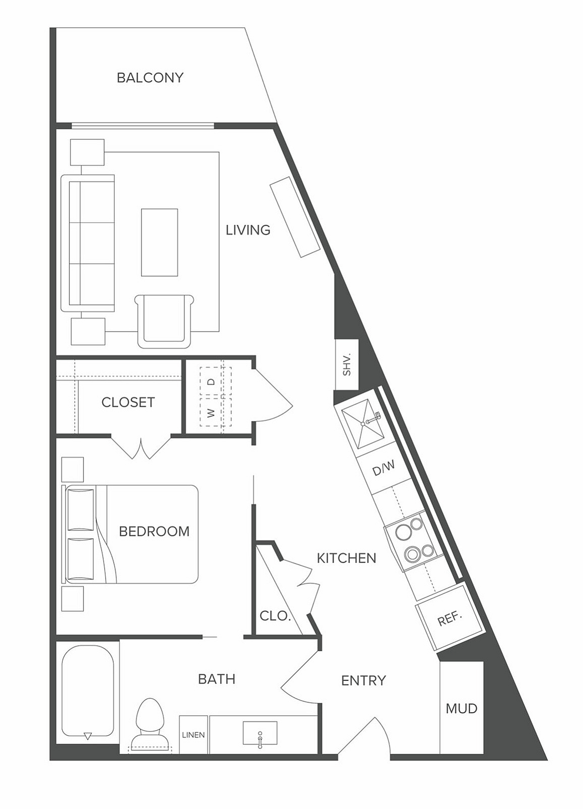 Modern floor plan featuring one-bedroom, open living area, sleek kitchen, and private balcony.