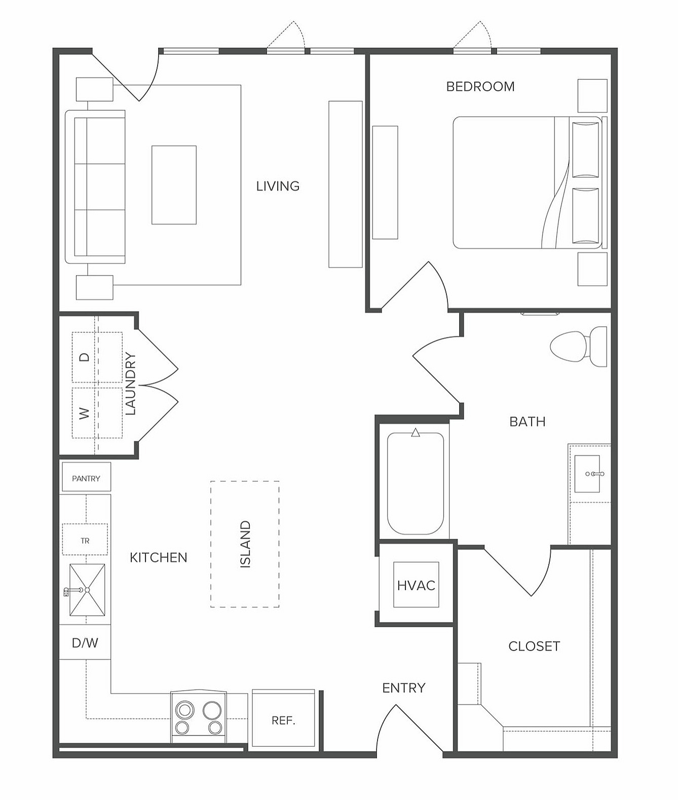 Modern floor plan featuring 1 bedroom, an inviting open-concept living area, fully-equipped kitchen with an island, and a convenient in-unit laundry.