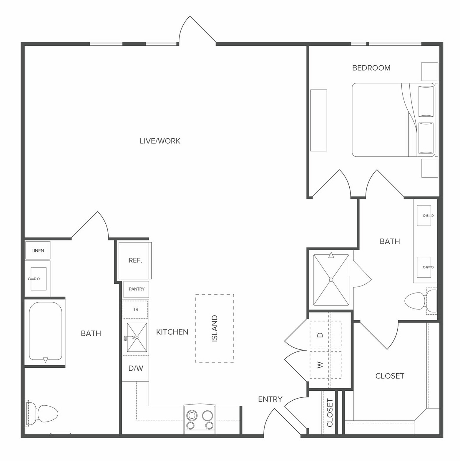 Modern 1-bedroom apartment floor plan featuring a spacious live/work area, gourmet kitchen with island, and two elegant bathrooms.