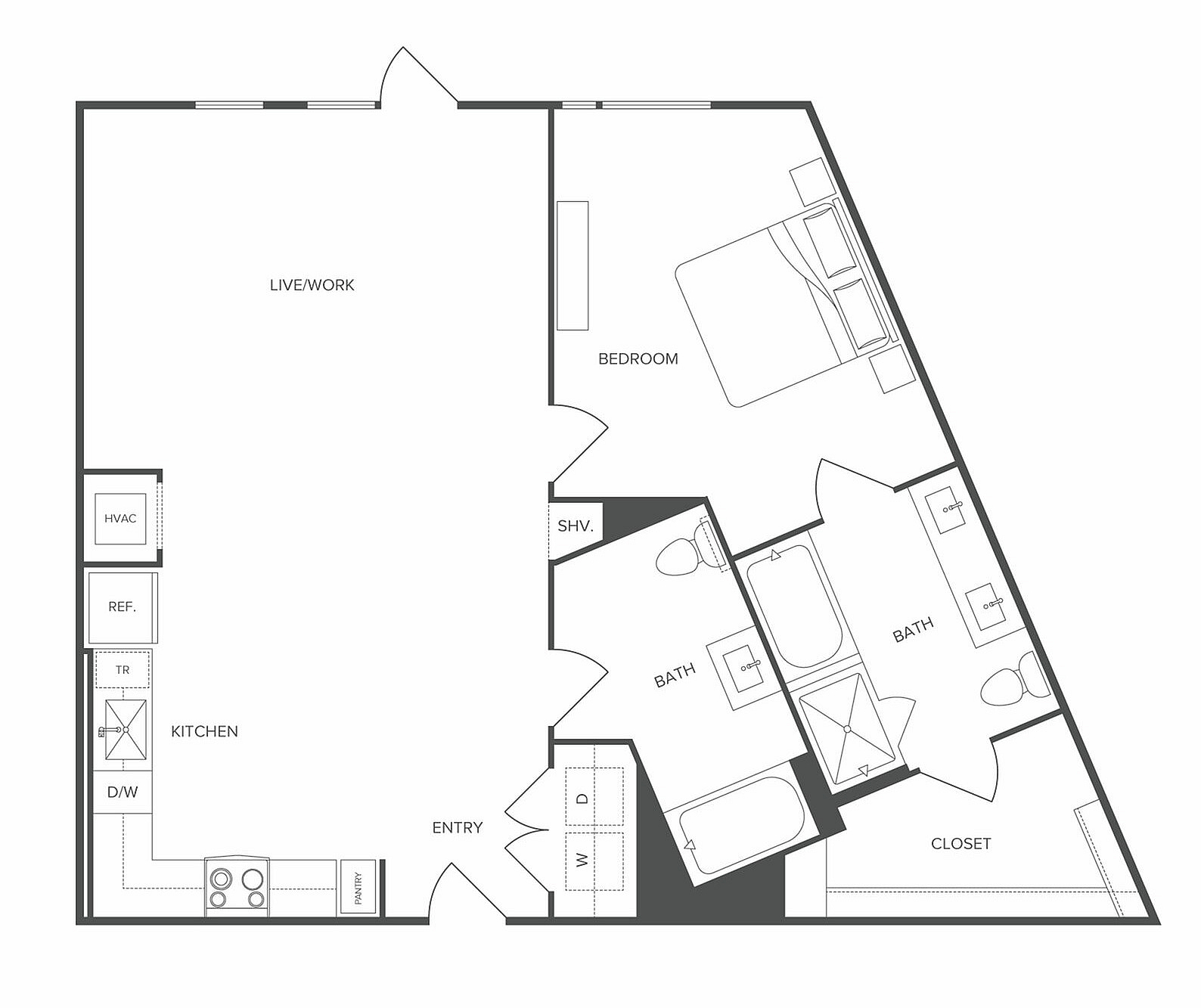 Modern floor plan featuring a unique layout with one bedroom, two baths, a spacious live/work area, and a functional kitchen.