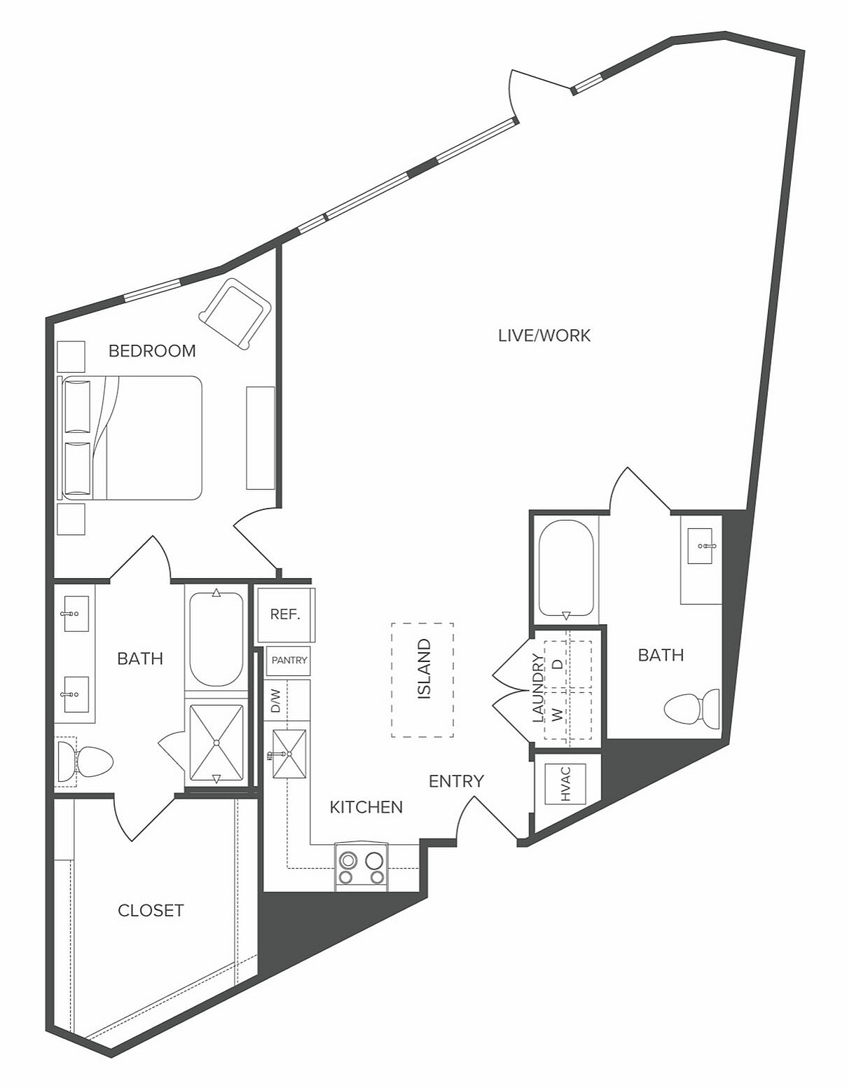 Modern floor plan showcasing one bedroom with an ensuite bath, open live/work space, stylish kitchen with island, and additional bath, ideal for versatile living.