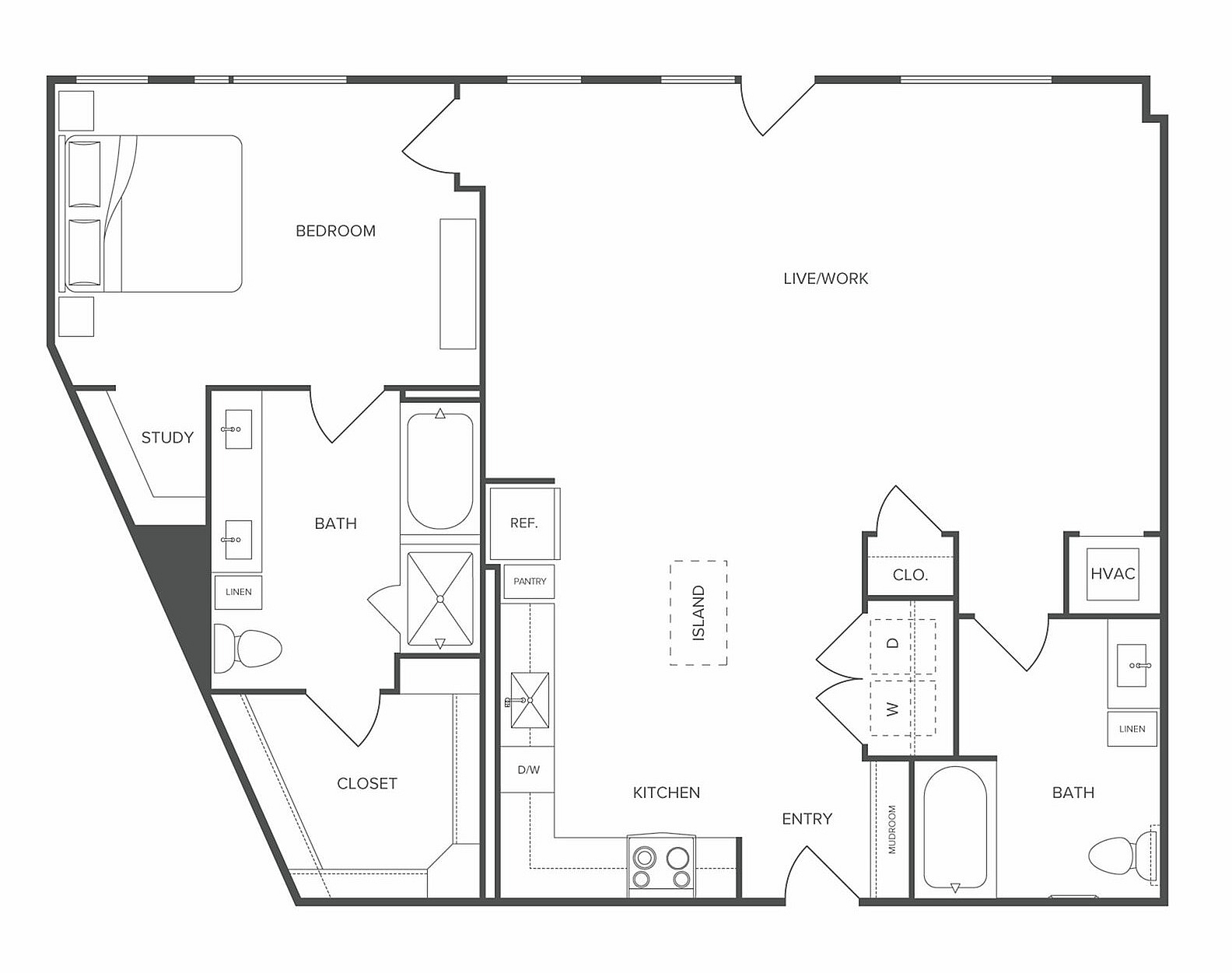 Modern floor plan showcasing a spacious live/work area, cozy bedroom with study, two bathrooms, and a sleek kitchen with island.