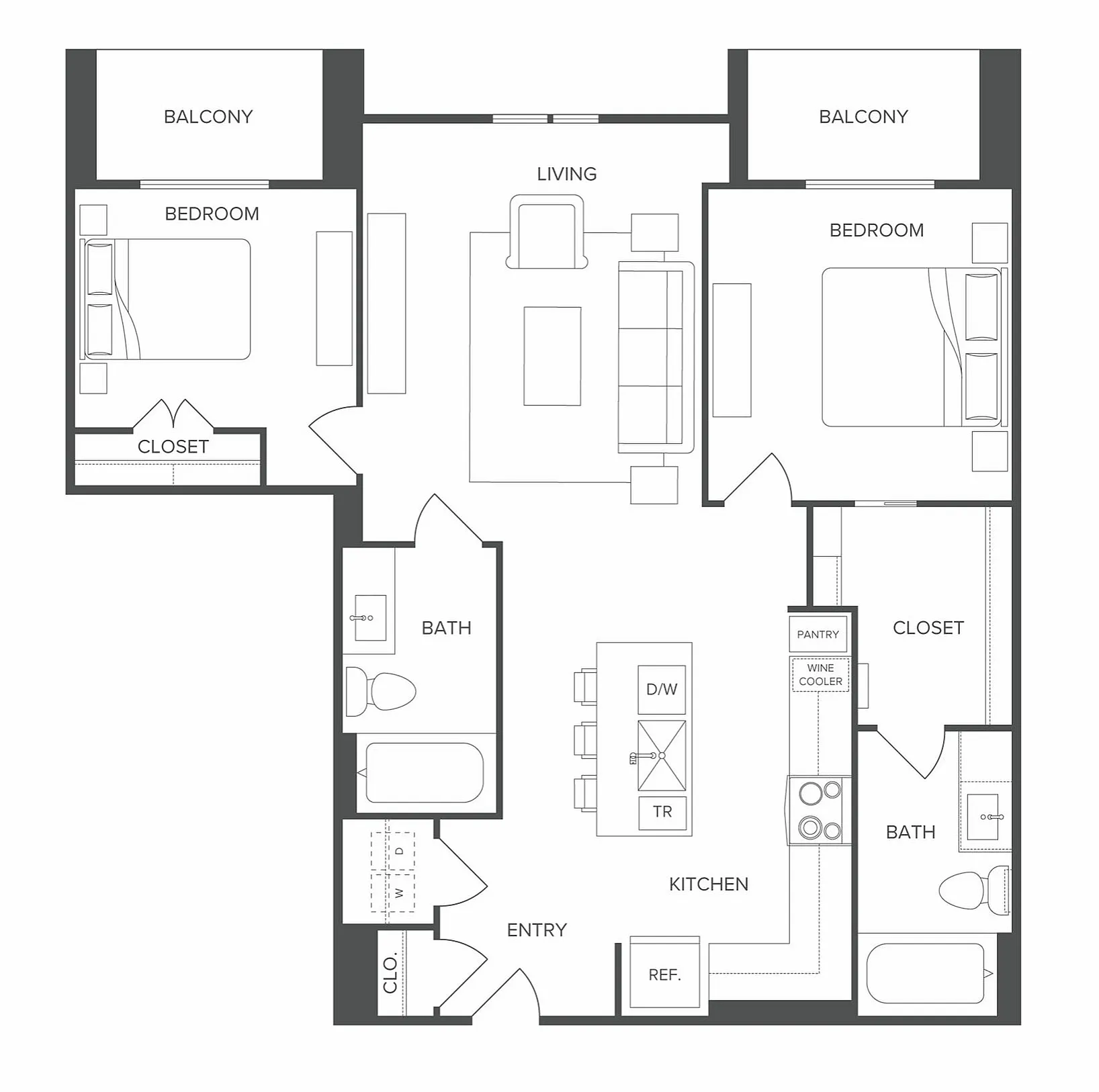 Chic floor plan showcasing two bedrooms with balconies, two elegant baths, an open kitchen with island, and a stylish living space.