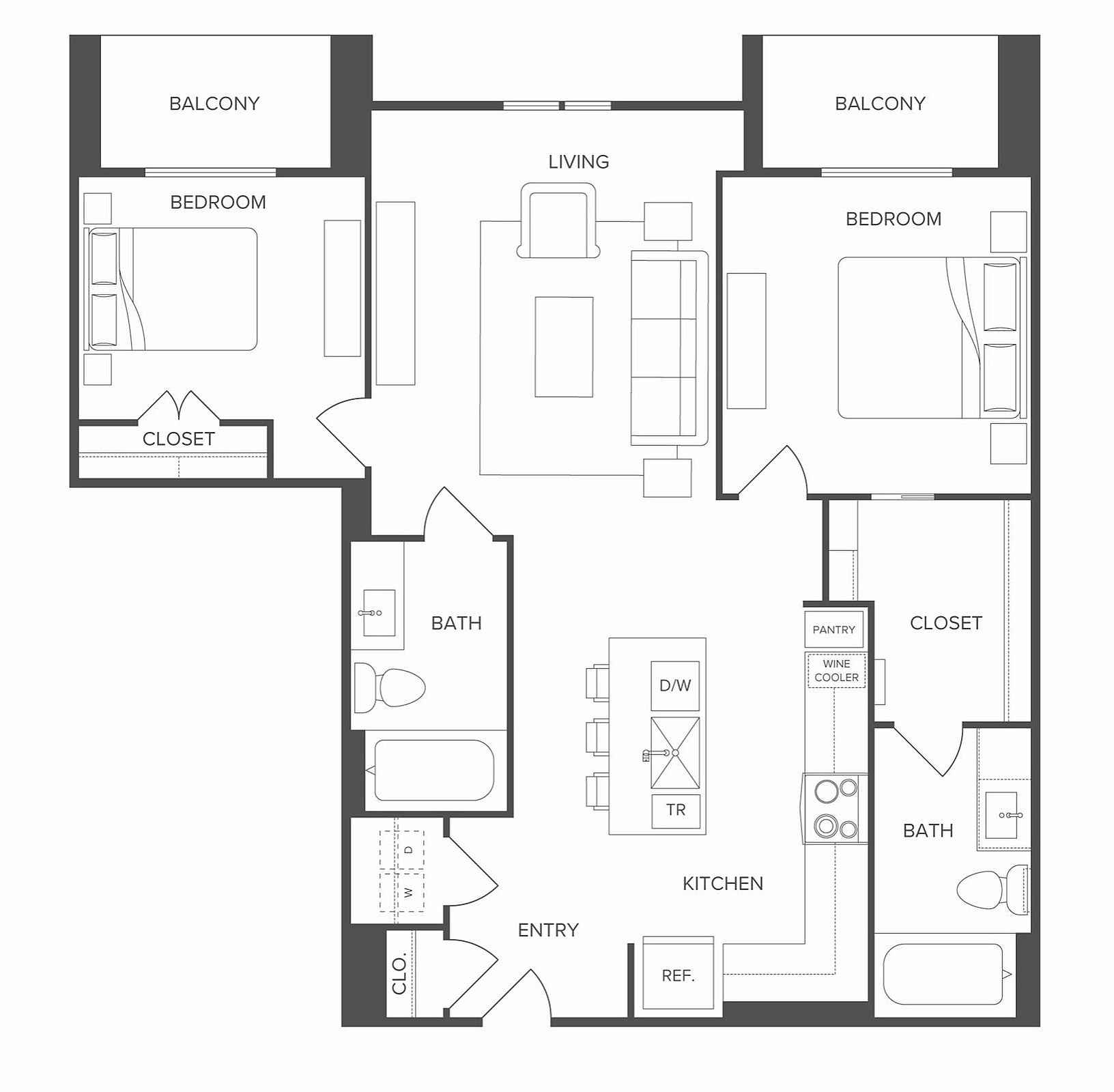 Modern 2D floor plan featuring 2 bedrooms, spacious living area, gourmet kitchen, and dual balconies for luxurious urban living.