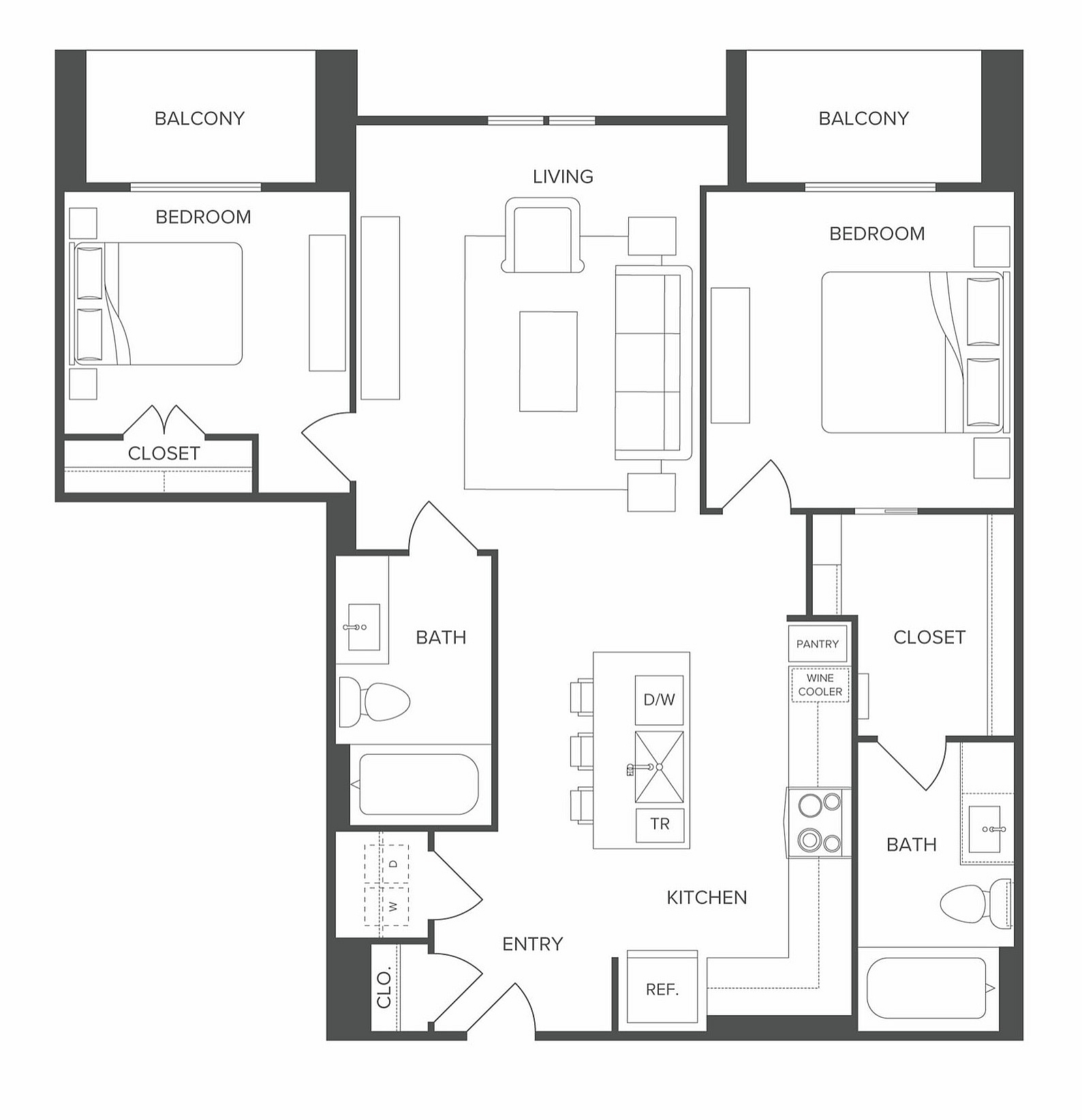 Elegant floor plan showcasing 2 bedrooms, open living area, modern kitchen, and two balconies.