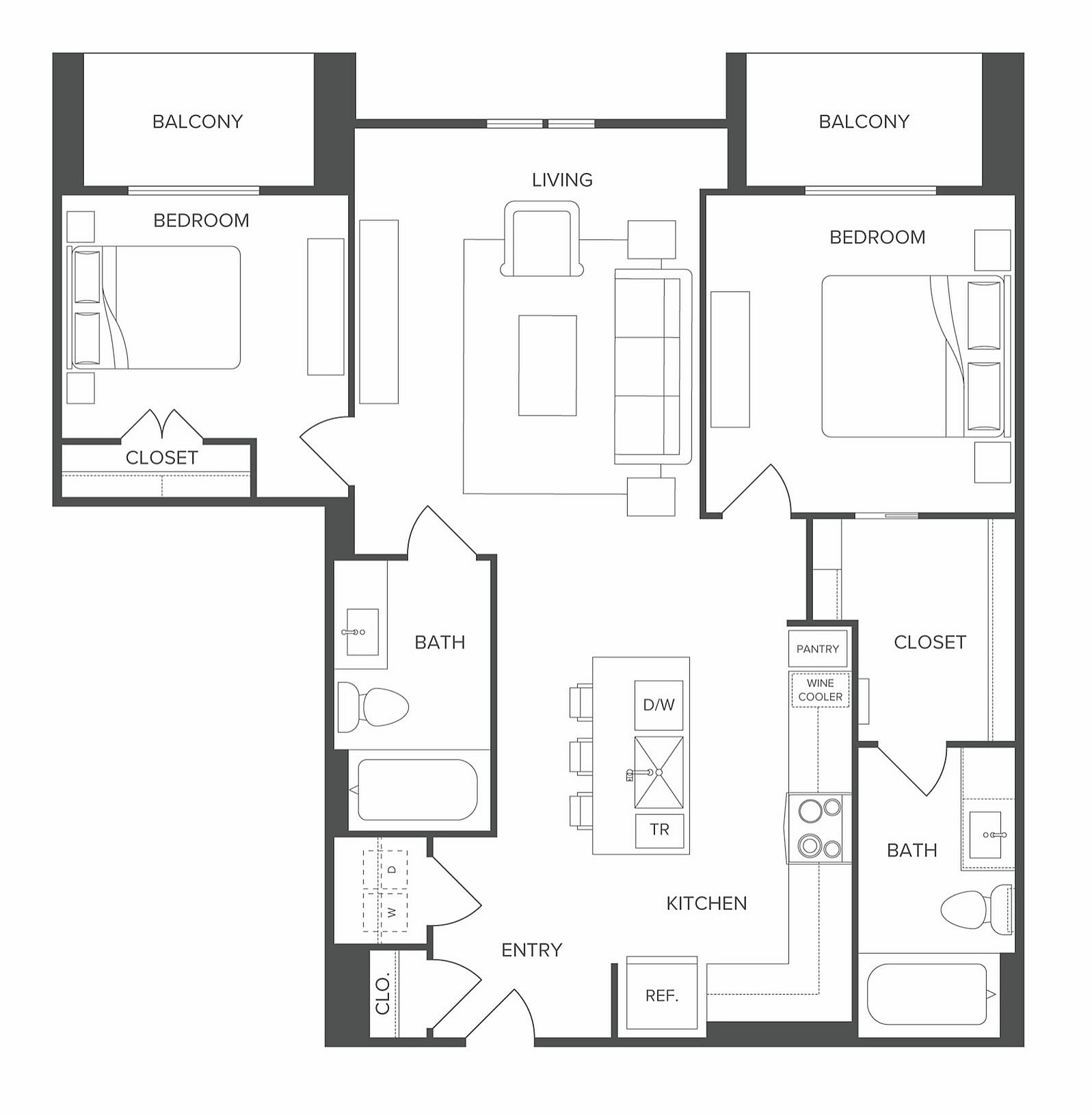 Modern apartment floor plan featuring 2 bedrooms, each with a private balcony, open-concept living area, and sleek kitchen with an island.